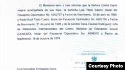 Documento oficial del Minrex pidiendo visado a EEUU para Mariela Castro y su familia. 