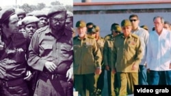 Osmany cienfuegos Gorriarán, en imágenes junto a Fidel Castro (der.) y Raúl Castro y Ramiro Valdés (izq). (Collage a partir de capturas de video/Canal Caribe)