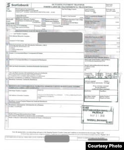 Modelo de transferencia de dinero enviado por un colaborador cubano en Bahamas que muestra cómo Cuba se apropia del salario de los profesionales.